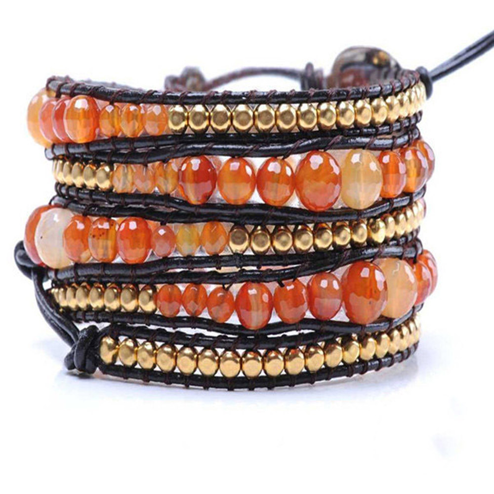 Lin Suu Jewelry Leather Amber With Gold Long Wrap Bracelet